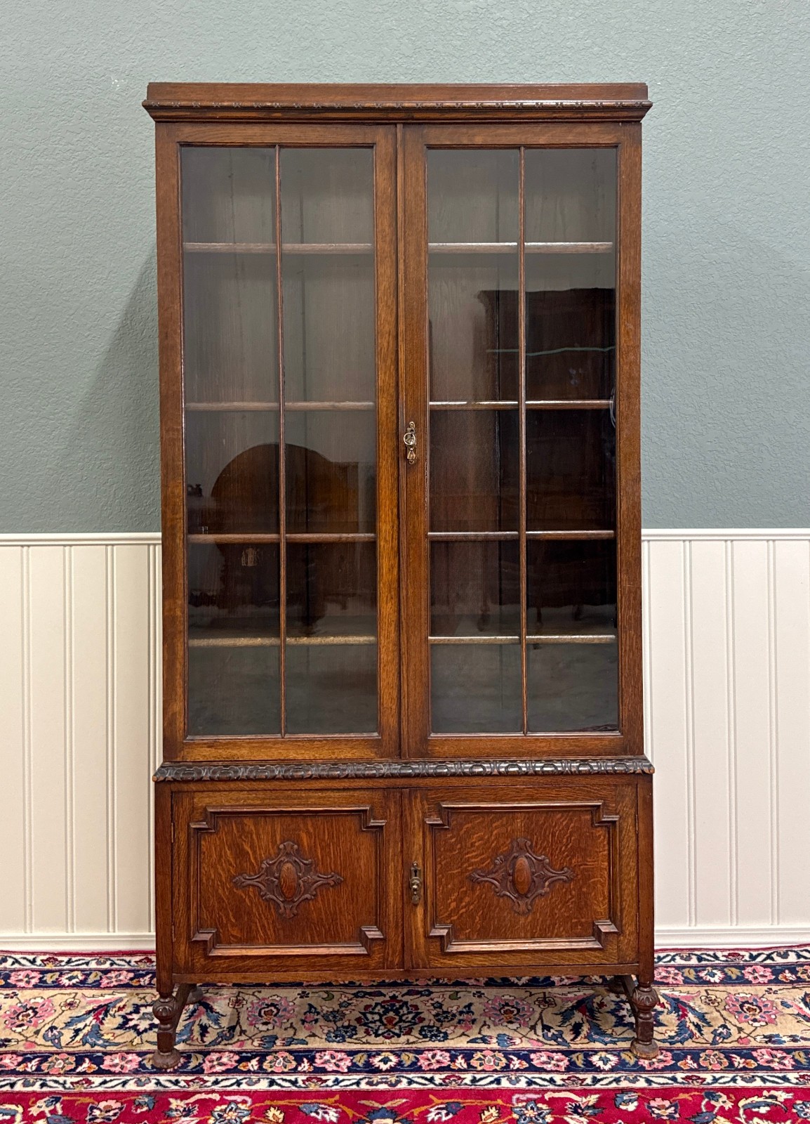 Antique English Jacobean Bookcase Bookshelf Cabinet Double Door Oak c.1930s