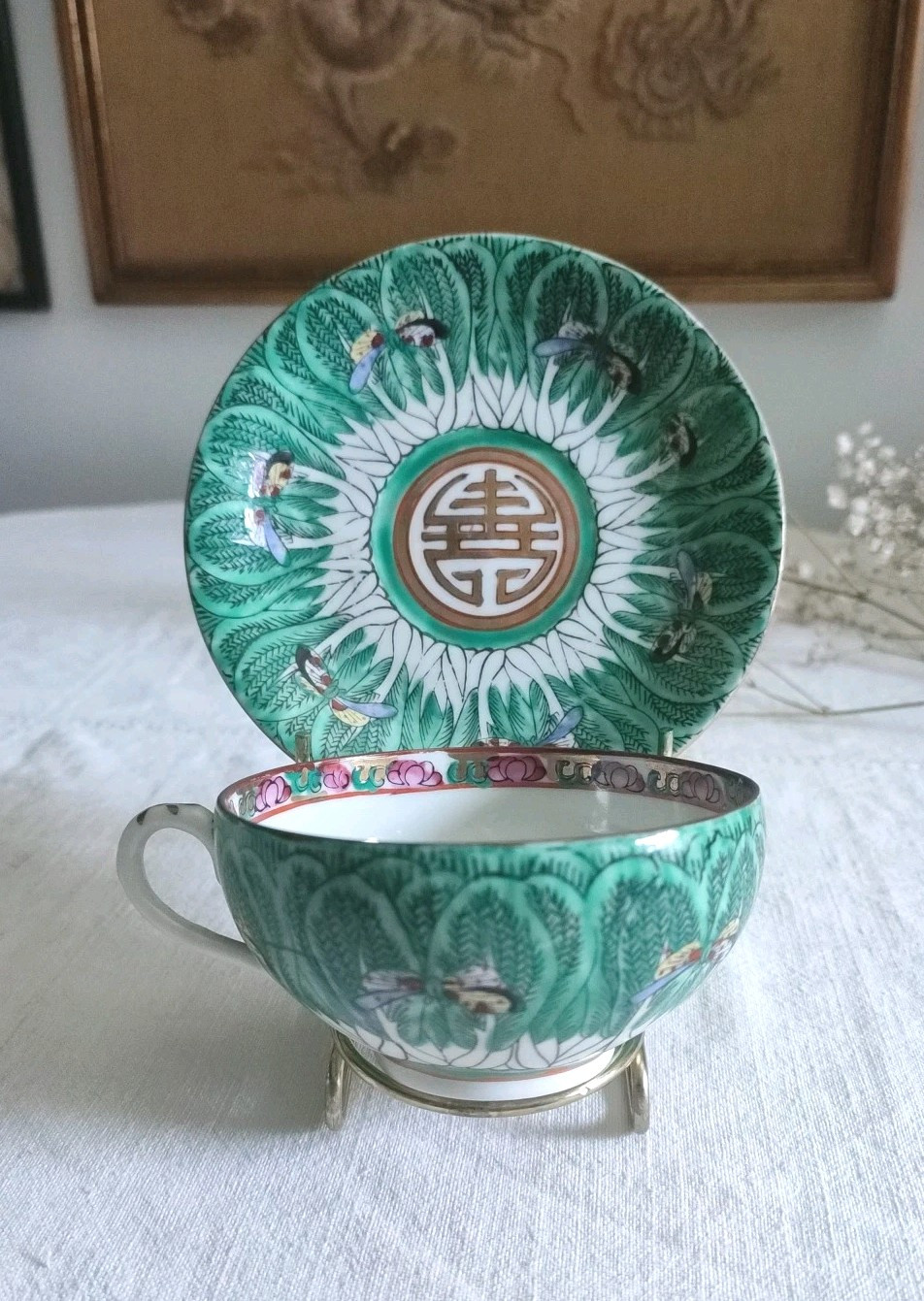 Chinese Famille Verte Bok Choy Cabbage Leaf Pattern & Buttery Tea Cup & Saucer