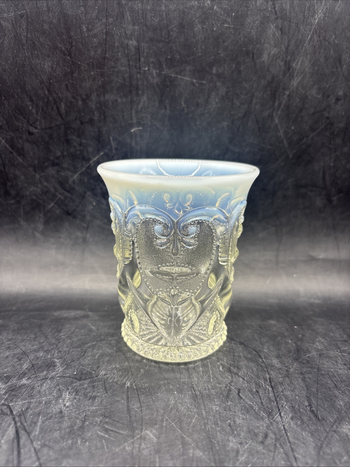 Antique Dugan White Opalescent Jeweled Heart Cocktail Juice Glass 3.75” Tall