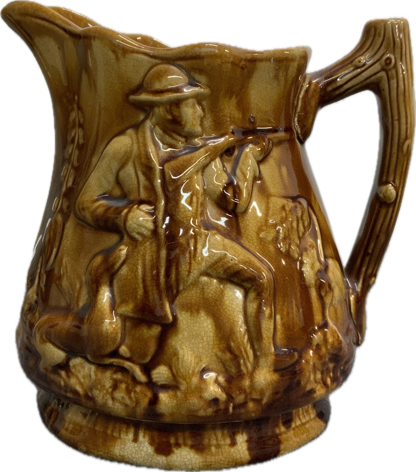 “Rockingham” Glaze Pitcher, “The Hunter”