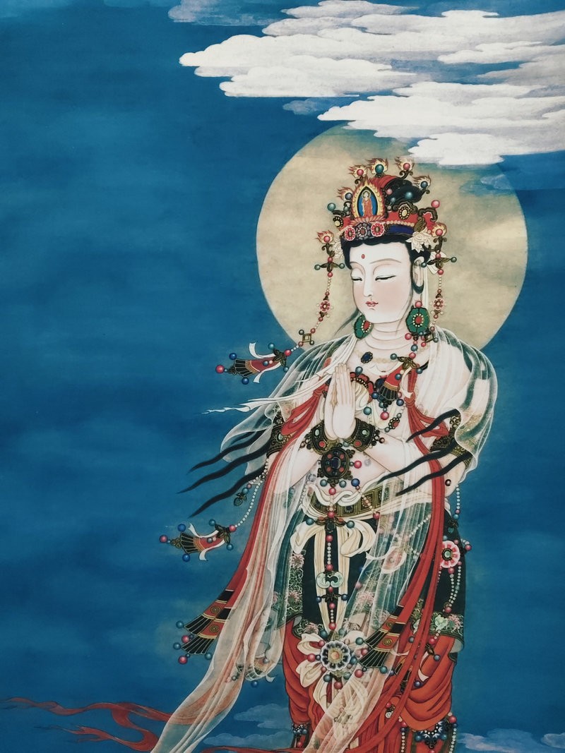 Chinese Old Painting Scroll Silk Guanyin Portrait By Zhang Daqian 张大千 大悲观世音图