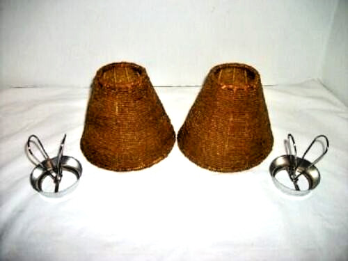 Vintage Glass Beaded Lamp Shades French Amber Seed Beads Candelabra Bulbs Pair