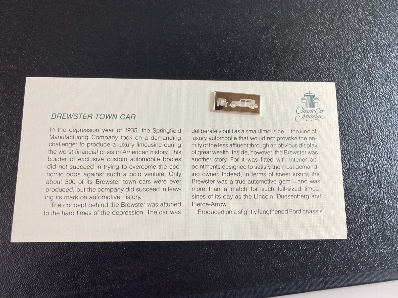 1980 Franklin Mint Official Classic Car Collection Silver Ingot Brewster Town Ca