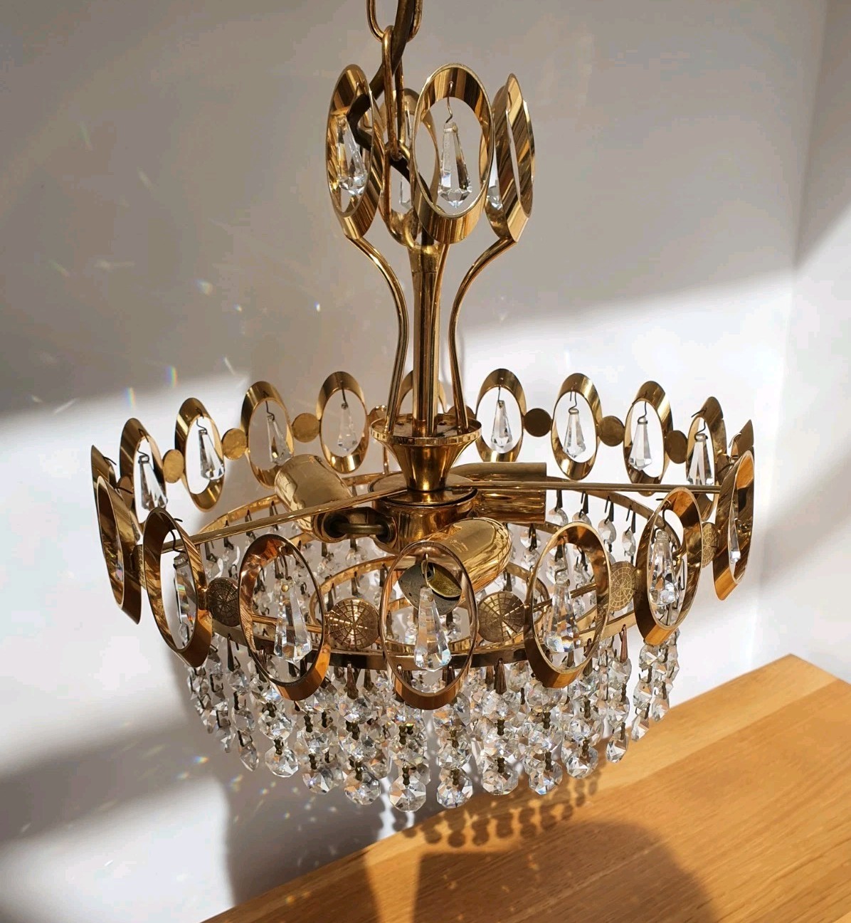 Vintage 70s Brushed Gold Plated Crystal Chandelier Brass 5 Tier Czechoslovakia