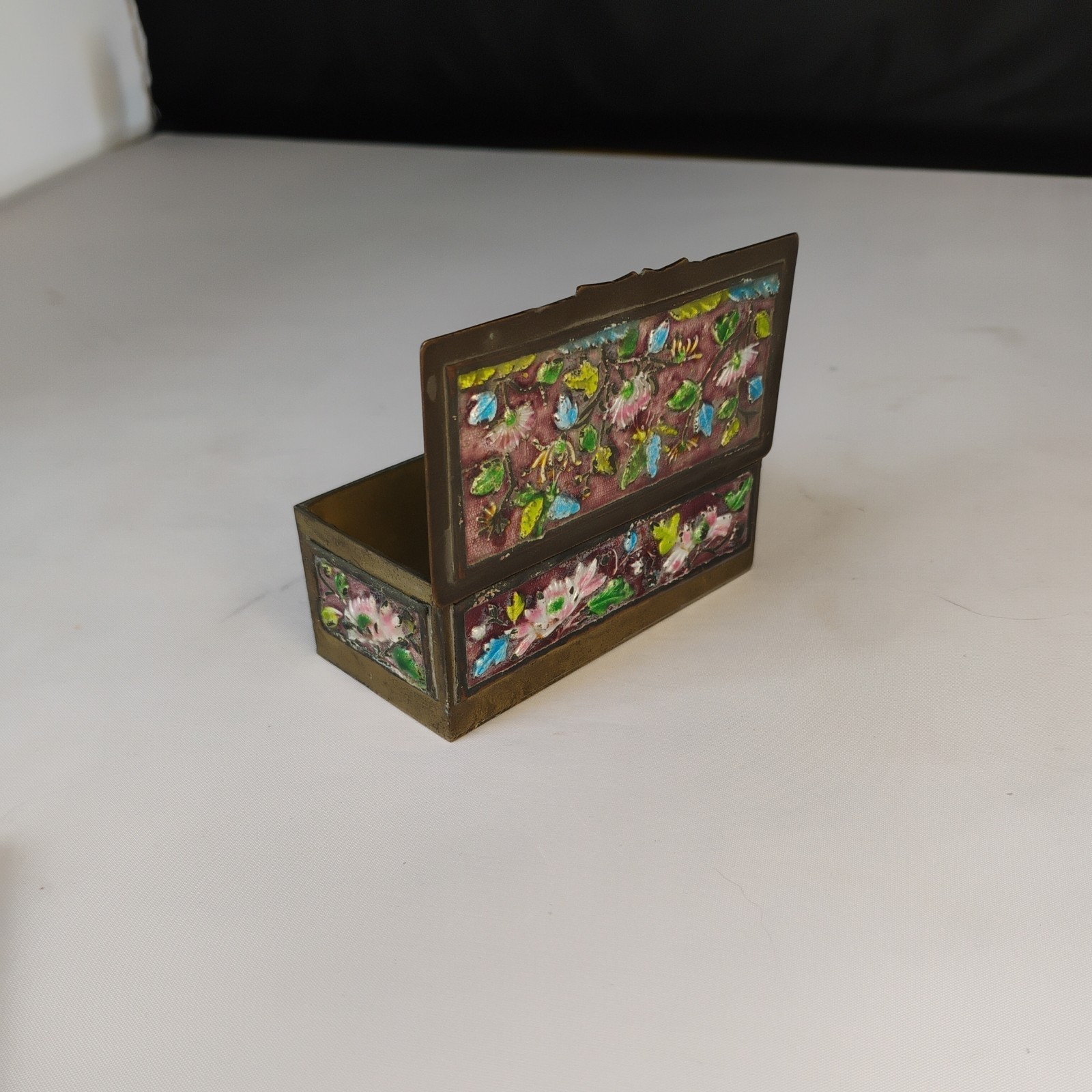 Antique Chinese Cloisonne Enamel Stamp Box Brass 3.25″X1.5″ Unique Decor