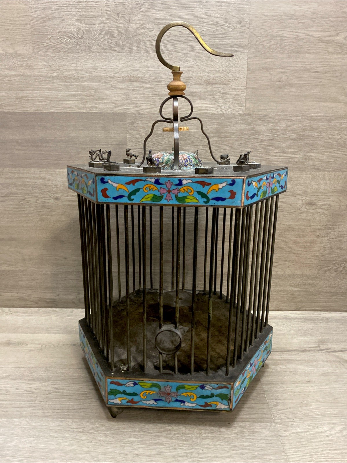 Antique Chinese Cloisonne Enamel Brass Cricket Cage Floral Zodiac Brass