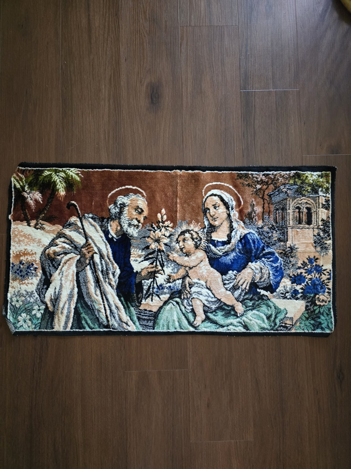 Vintage Virgin Mary Jesus Religious Tapestry Christian Christmas 20×38 Folk Art