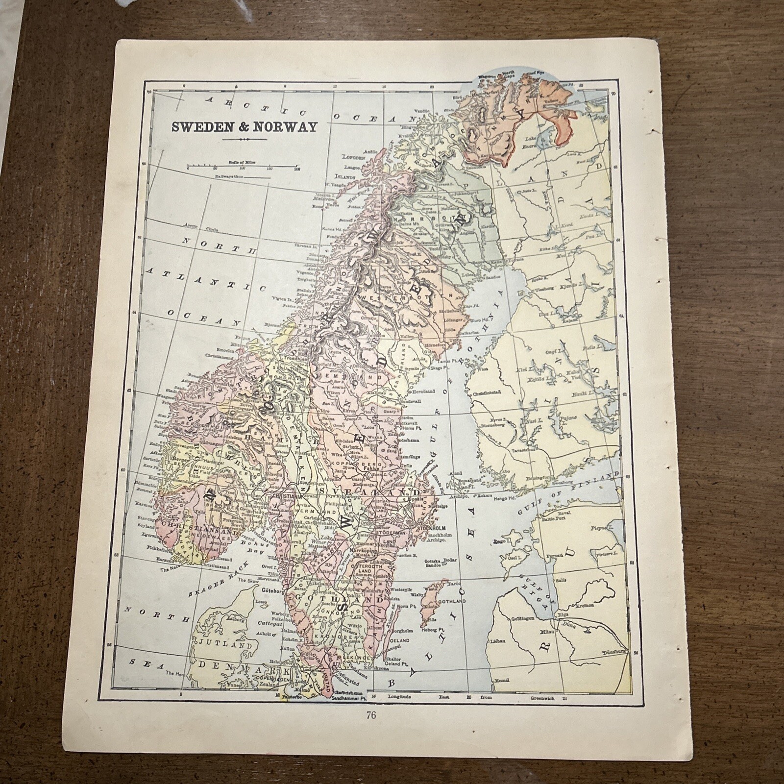 Antique 1908 Colorful Map Of Sweden & Norway 13.5 x 10.5 Inches
