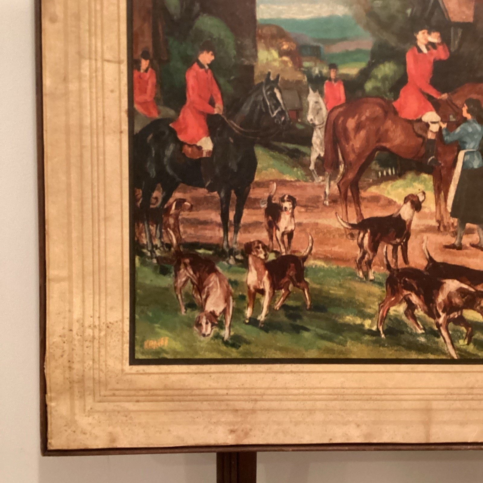 Vintage English Fox Hunt Scene Folding Card Table Fireplace Screen Wood Litho