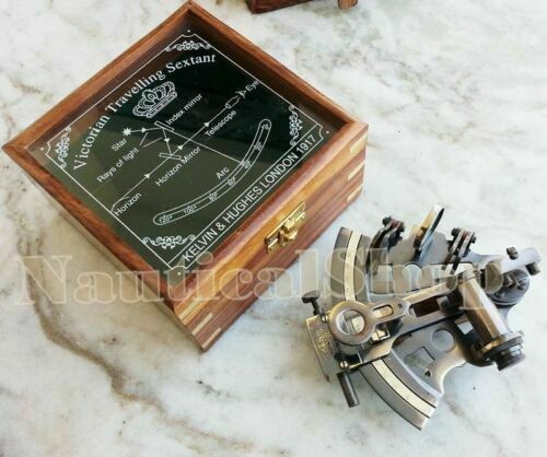 HANDMADE WOODEN BOX MARINE COLLECTIBLE BRASS NAUTICAL SEXTANT & GERMAN ASTROLABE