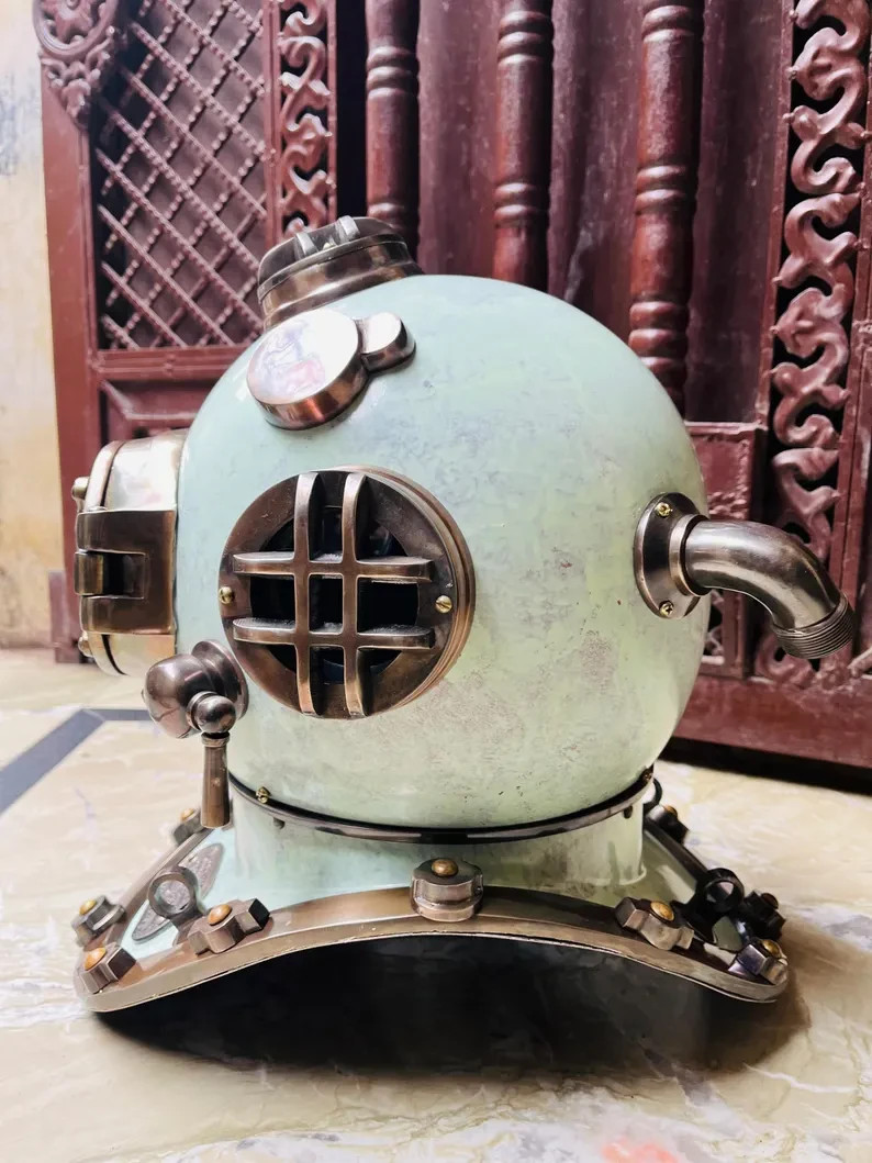 18” Antique Green Patina U.S. Navy Mark V Diving Helmet – Vintage Nautical Mari