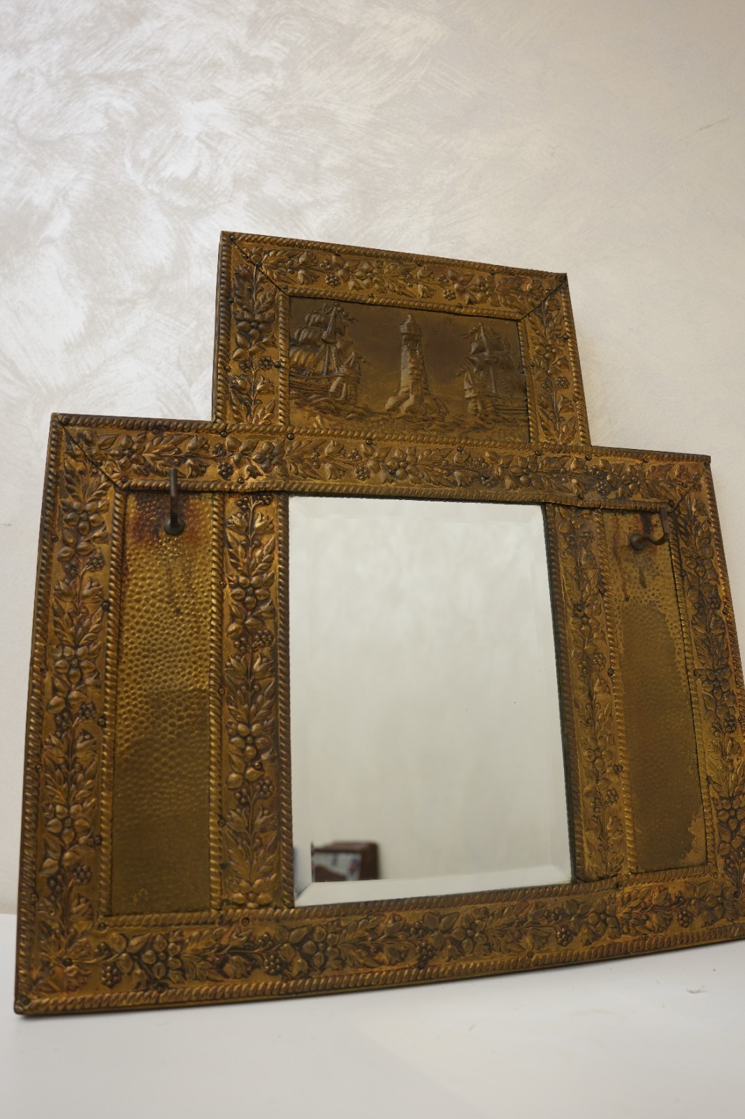 Antique Nautical Embossed Brass Mirror – Lighthouse & Tall Ships – Late 1800s