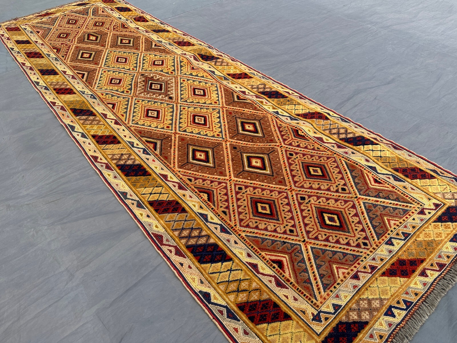 Afghan kilim runner rug handwoven wool tribal rust mustard pink rug 2×6 ft