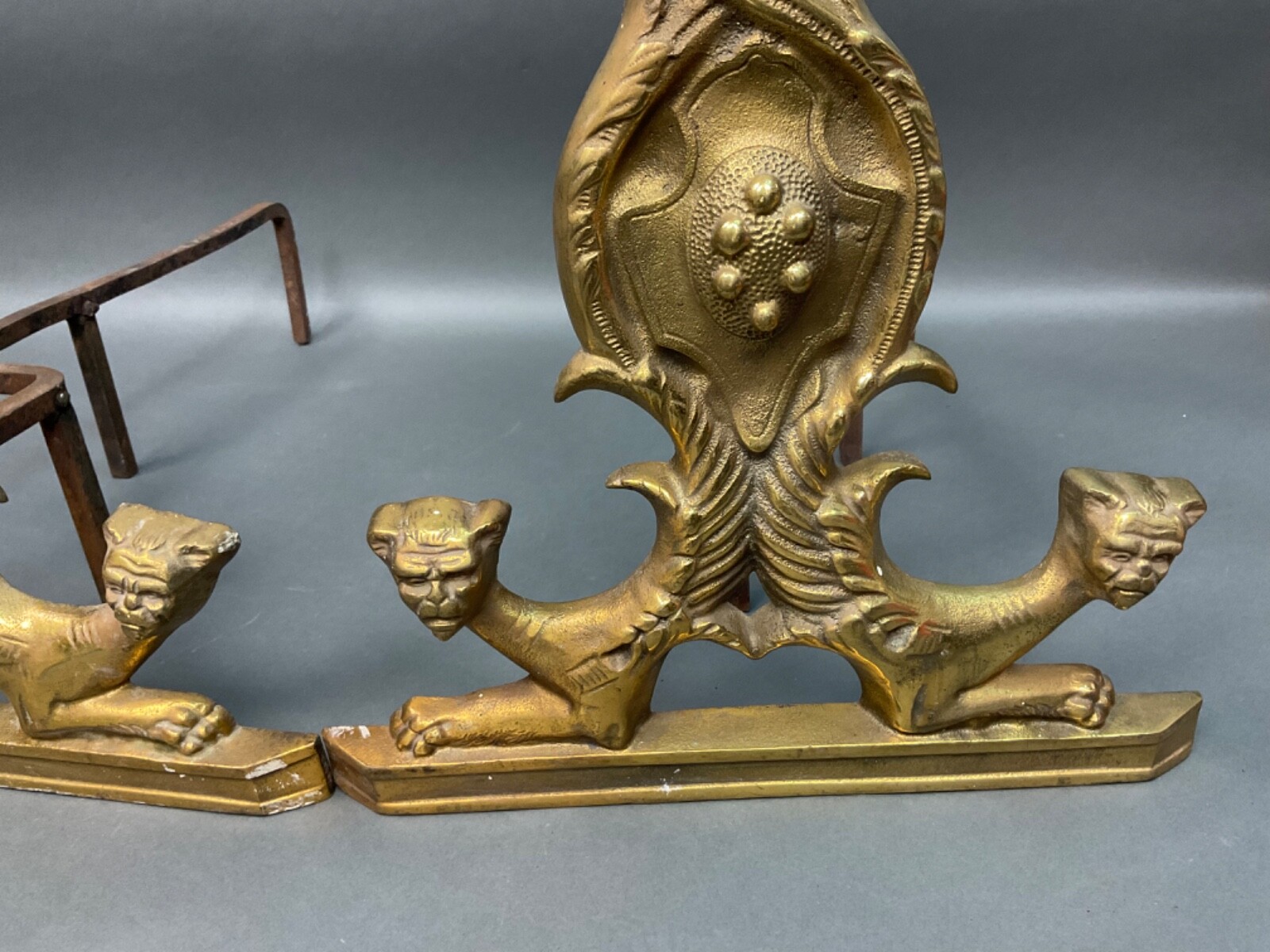 Antique Solid Brass Griffin Lion Top Coat Of Arms Shield Andirons ” Verona” Vtg