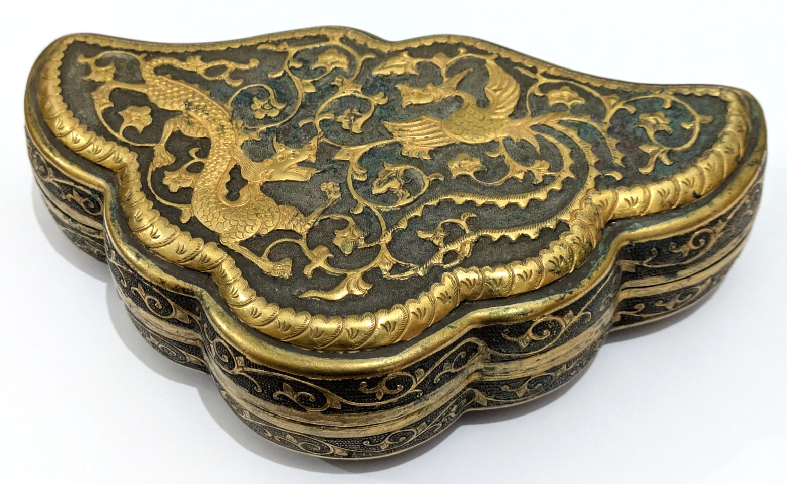 Large Chinese Qing Tang Dynasty Style Silver Gilt Dragon Phoenix Fan Box Antique