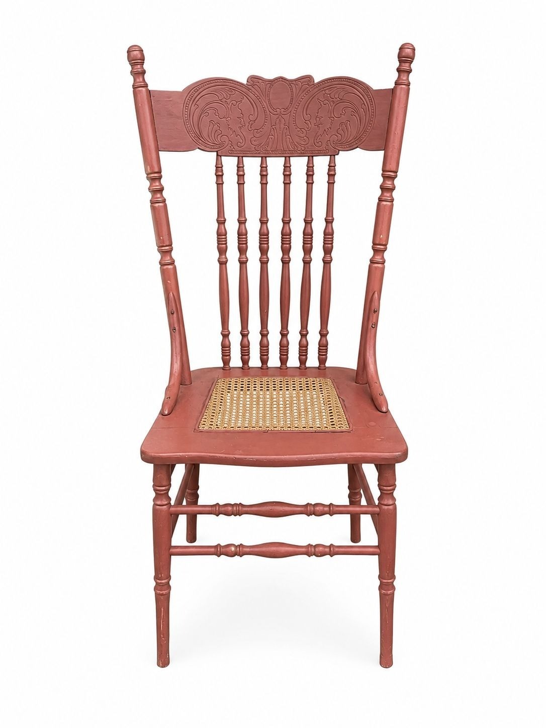 Wood Accent Dining Chair Pressed Back Cane Bottom Embossed Red Painted cane back
