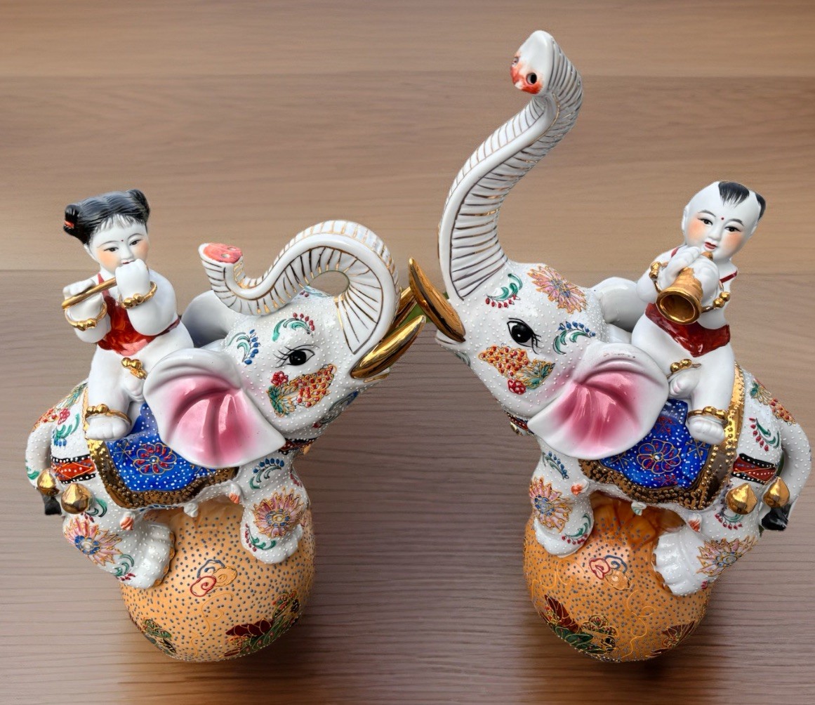 2 Large Ceramic Satsuma Circus Elephants Japanese Art Statues Girl Boy 14-18″