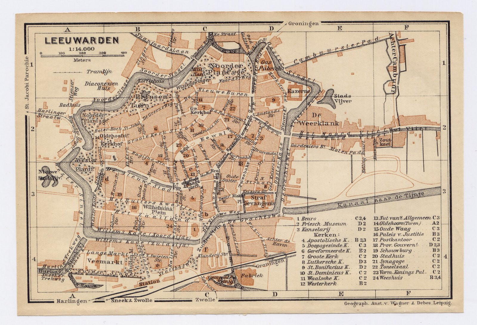 1910 ANTIQUE CITY MAP OF LEEUWARDEN / HOLLAND NETHERLANDS