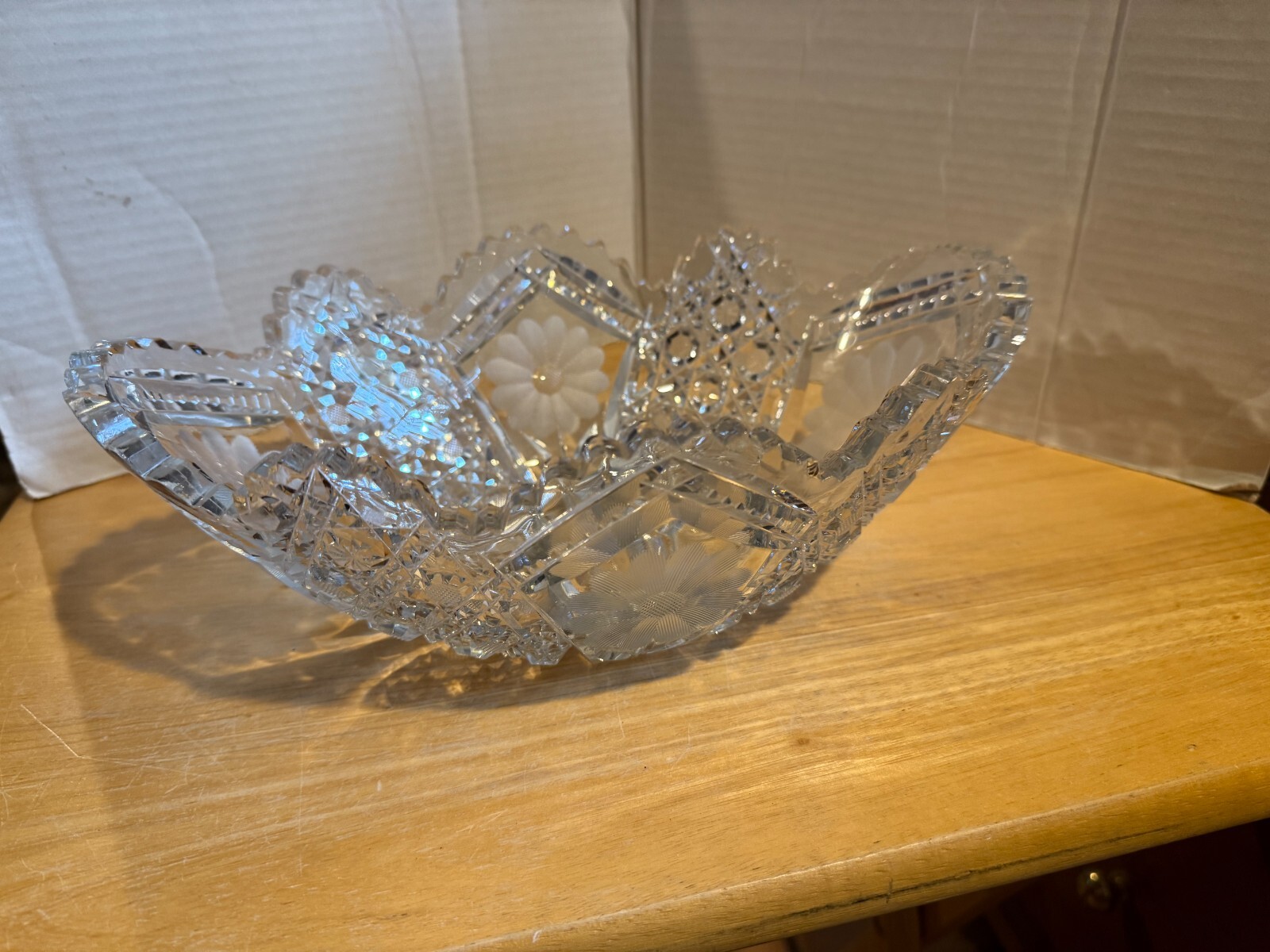 Antique American Brilliant Cut Glass Crystal Sawtooth Edge Bowl – Etched Flowers