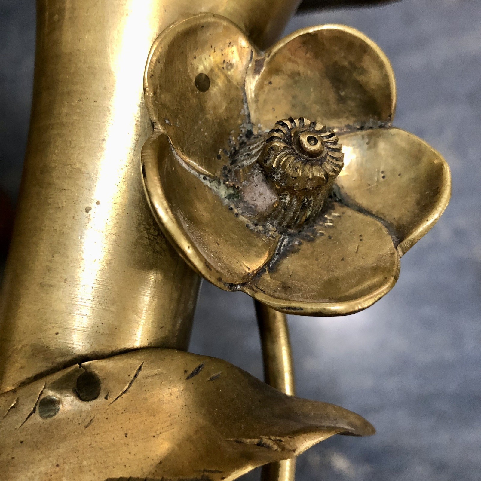 14″ Antique Floral Brass Vase Styled In Japanese Meiji Period/Art Nouveau Period