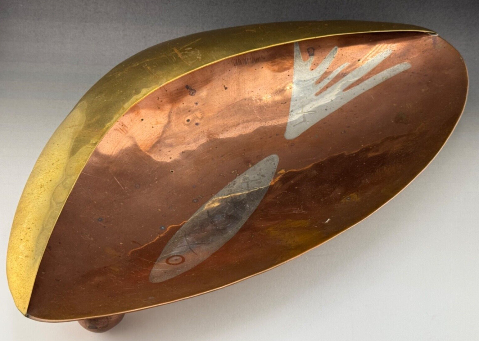 Large Copper & Sterling Fish Tray 13″ L 7-5/8″ W 2.25″H Los Castillo of Mexico