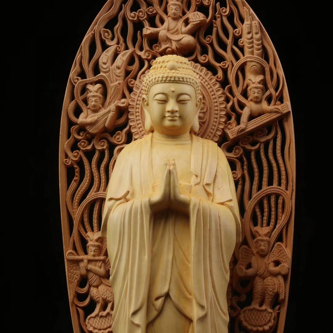 1Set 3Pcs Chinese Boxwood Carving Ru-lai Guan-yin Di-zangwang Buddhism statue