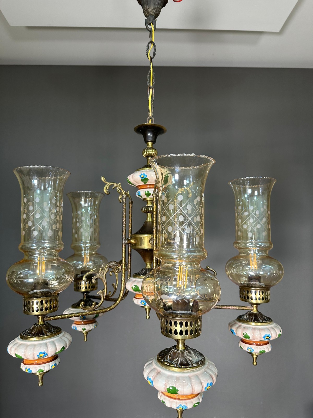Vintage Capodimonte Porcelain & Brass Chandelier 5-Light Hand-Painted & Etched