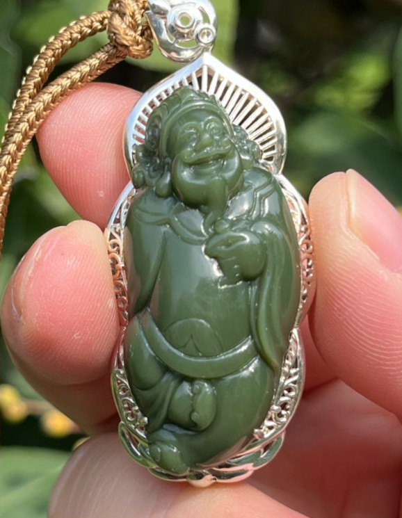 CERTIFIED 26.3g 100% NATURAL GREEN JADE +S925SILVER HAND CARVED GOD OF WEALTH