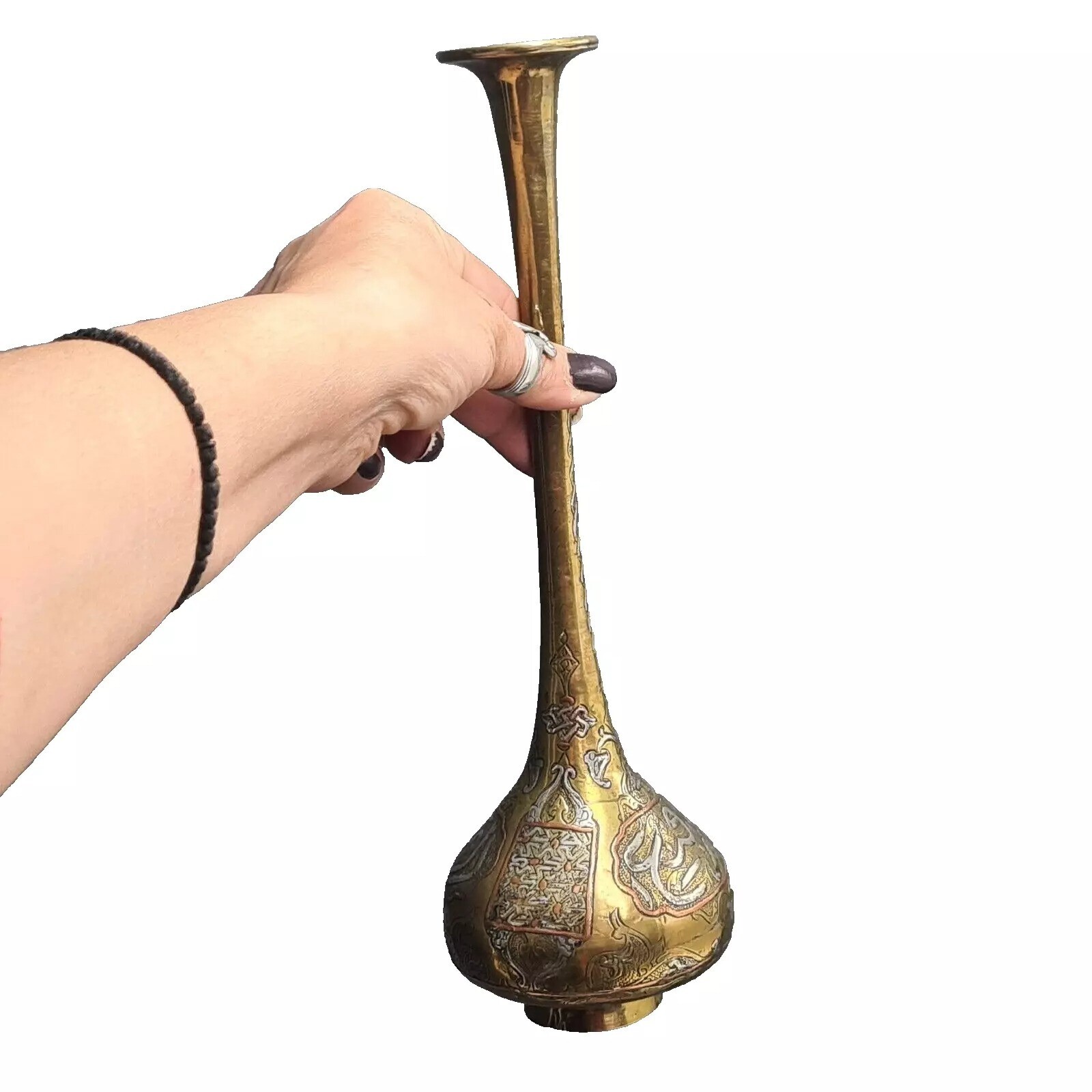 Antique Moorish Brass Decorative Vase Silver and Copper Inlaid