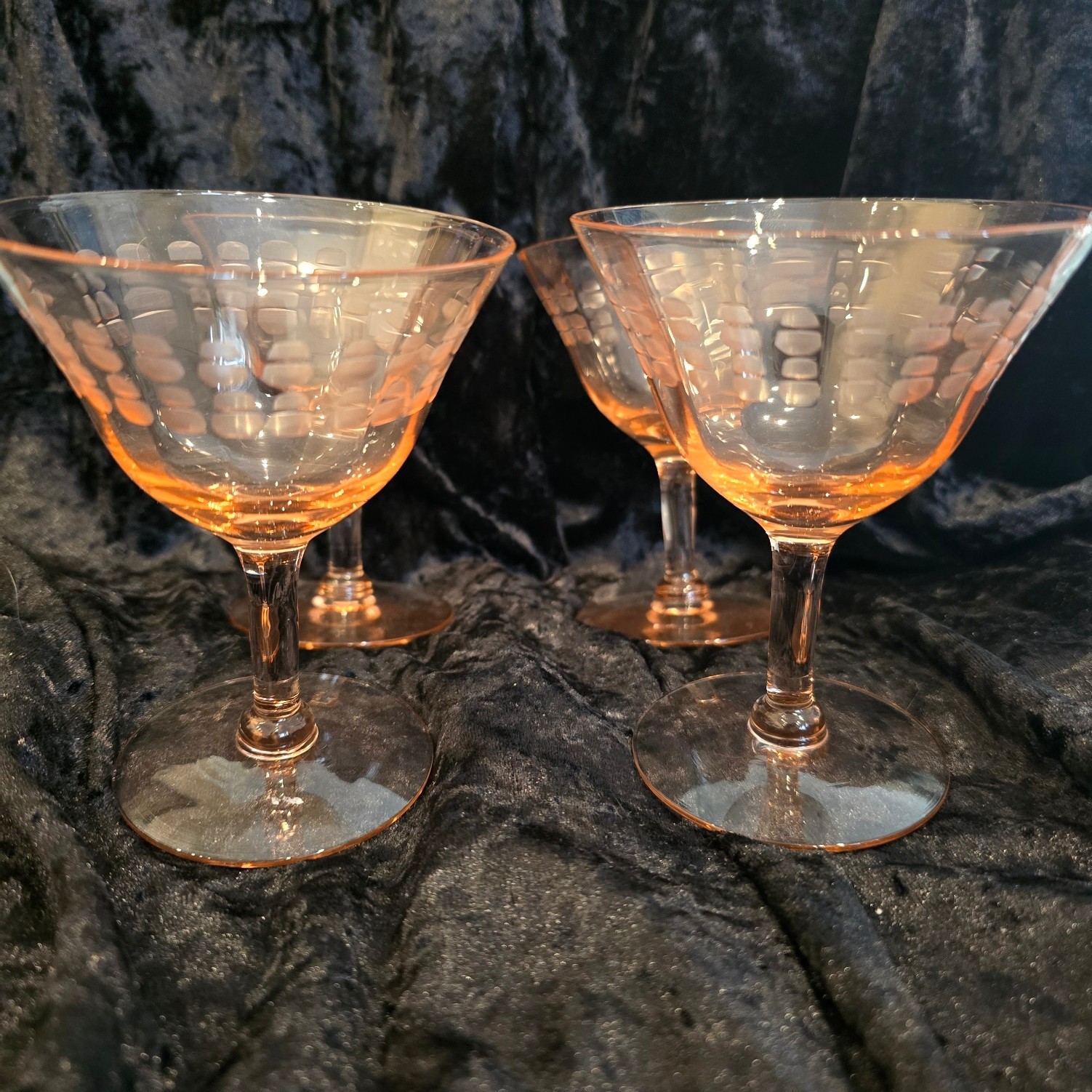 Set of 4 Vintage Pink Depression Glass Diamond Optic Cordial Sherbet Glasses