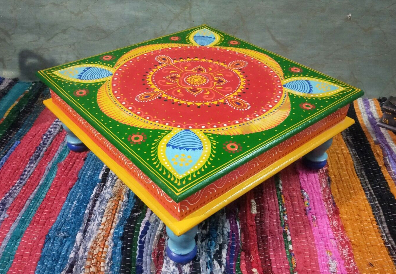 Hand Carved Wooden Decorative Chowki Home Decor Indian Bajot Painted Low Stool