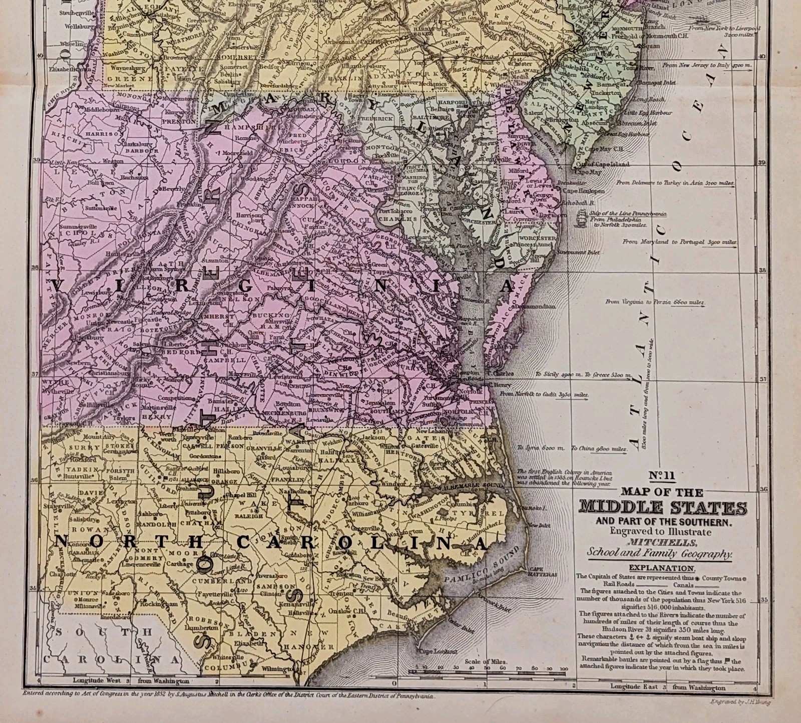 1852 Map Atlantic States – North Carolina – Virginia – Pennsylvania – Maryland