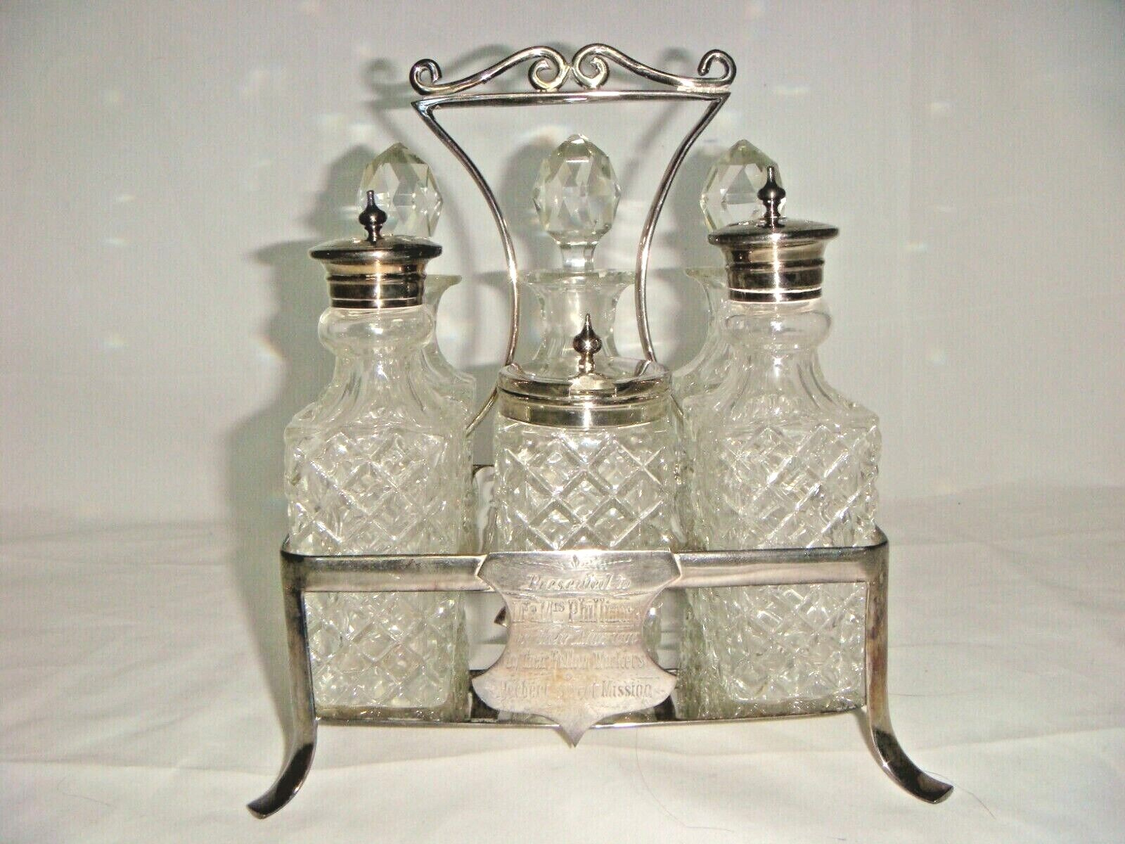 STUNNING ANTIQUE LATE VICTORIAN ENGLISH SILVER & CRYSTAL CRUET SET 1896