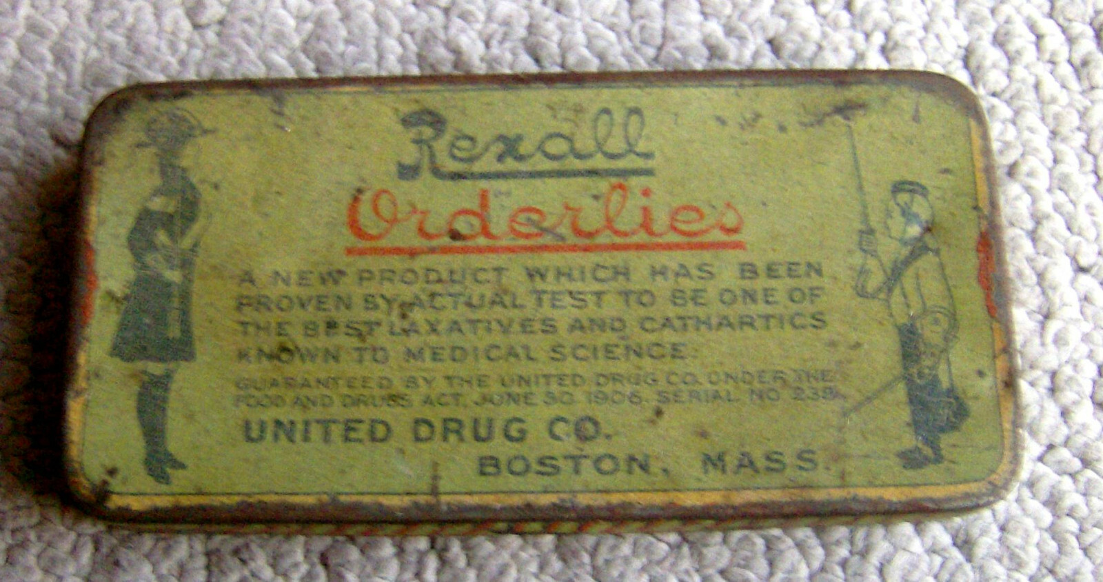 antique 1900s 1910s Rexall Orderlies TIN laxative medical Boston pharmaceutical