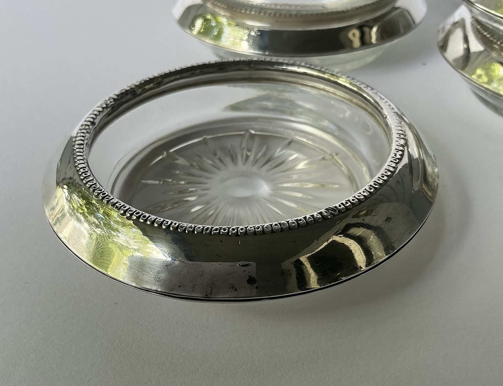 Frank M Whiting Sterling Silver Glass Coasters Set of 5 Beaded Vtg Pat Pend 04