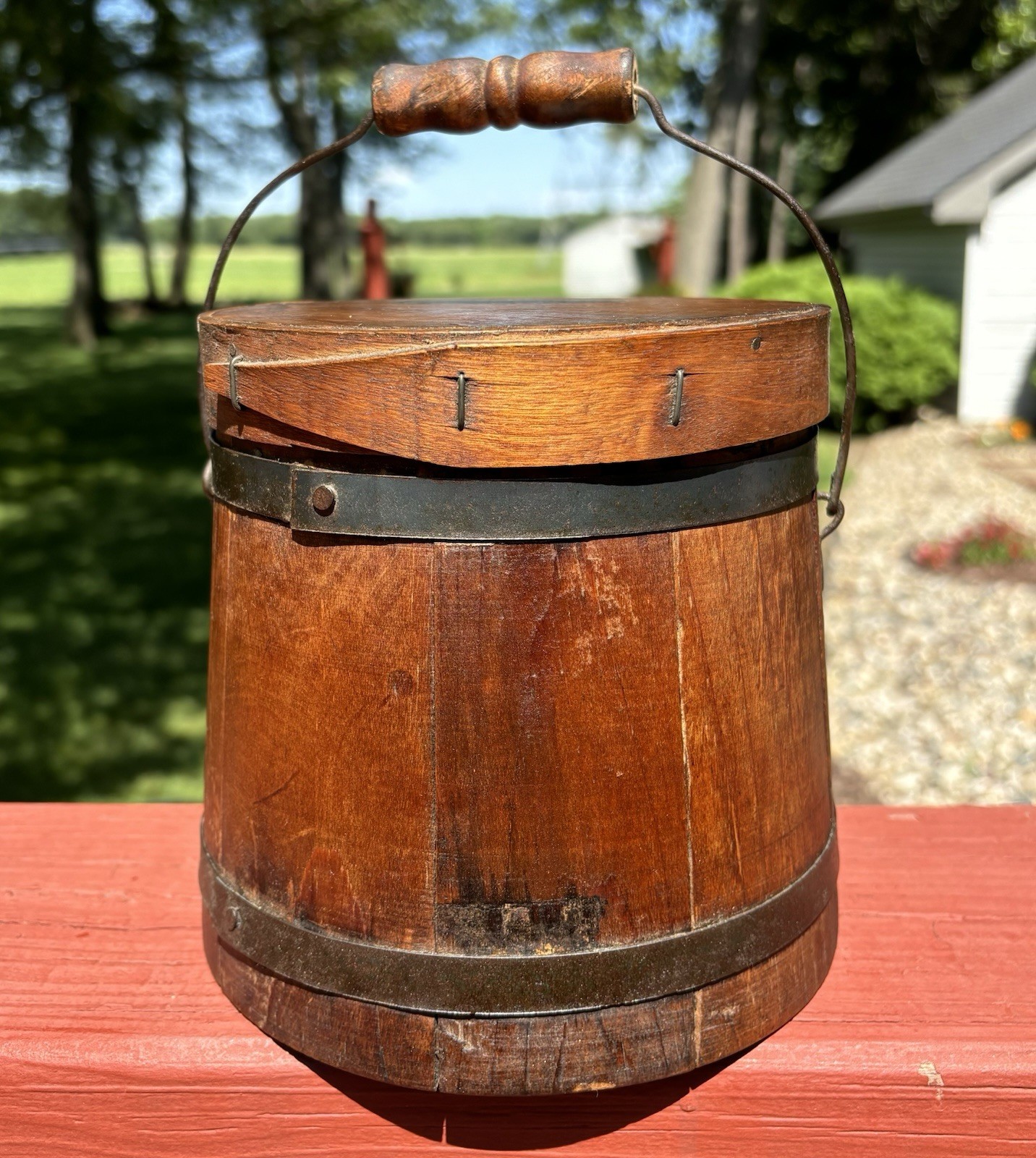 1800s Small Wooden Shaker Firkin Sugar Bucket Pail Wire Wood Bail Handle 6.50″