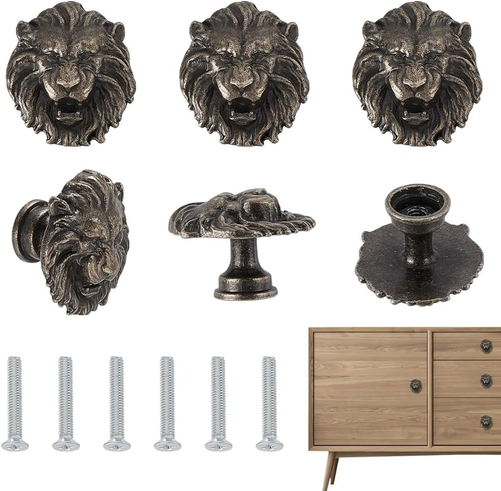 6 Pcs Vintage Lion Cabinet Knobs Antique Bronze Decorative Drawer Pulls for D…
