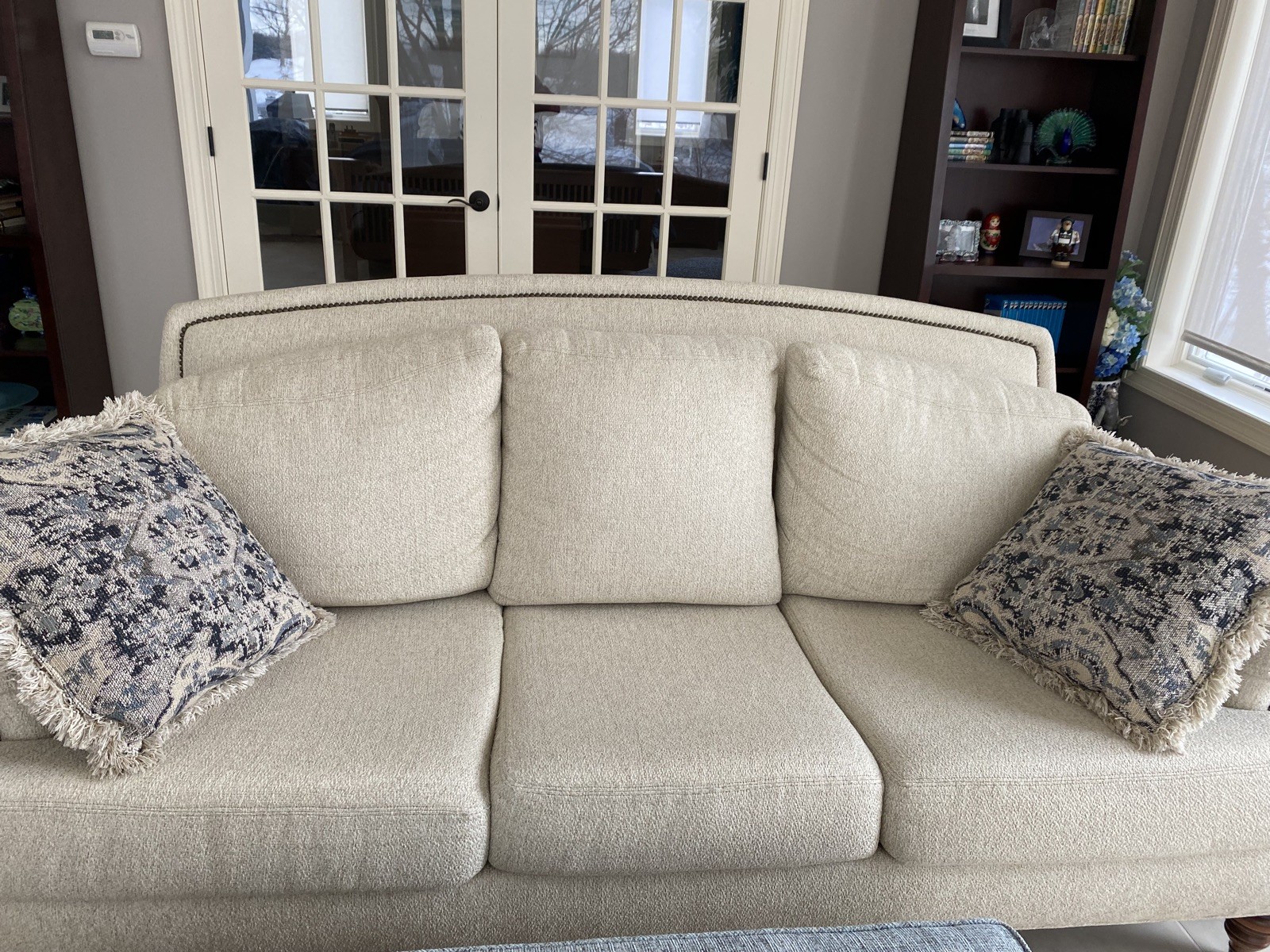 Ethan Allen Three Cushion Sofa With Rolled Arms & Nailhead Trim