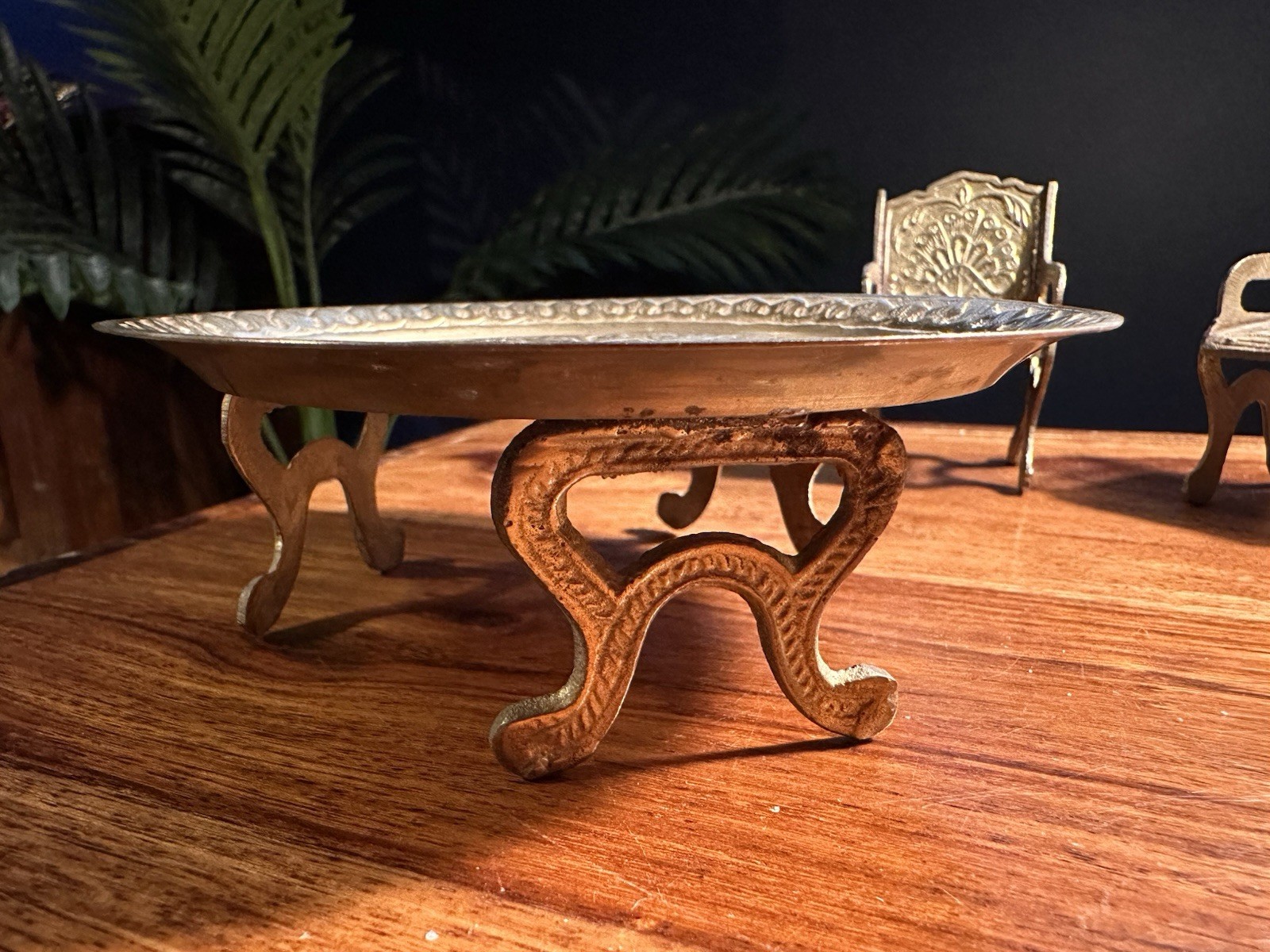 Vintage Brass Miniature Middle Eastern Coffee Table Set With Chairs & Goblets