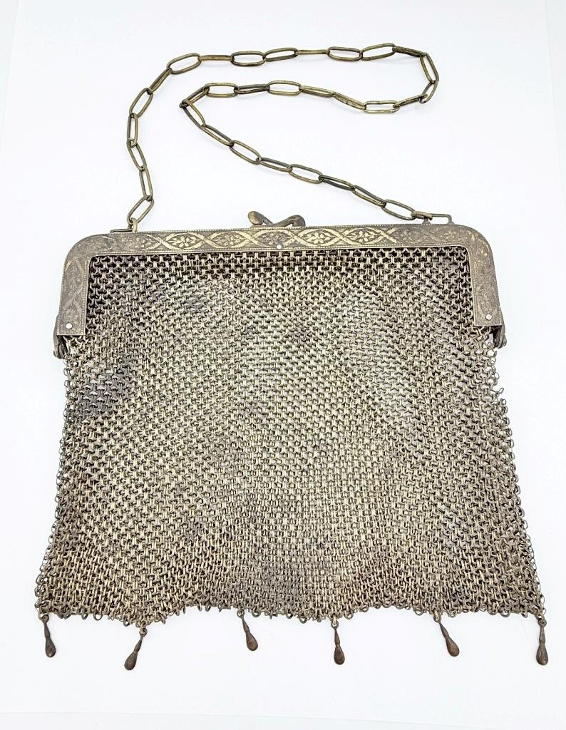 Antique German Silver Mesh Chain Link Purse w/ Engraved Frame