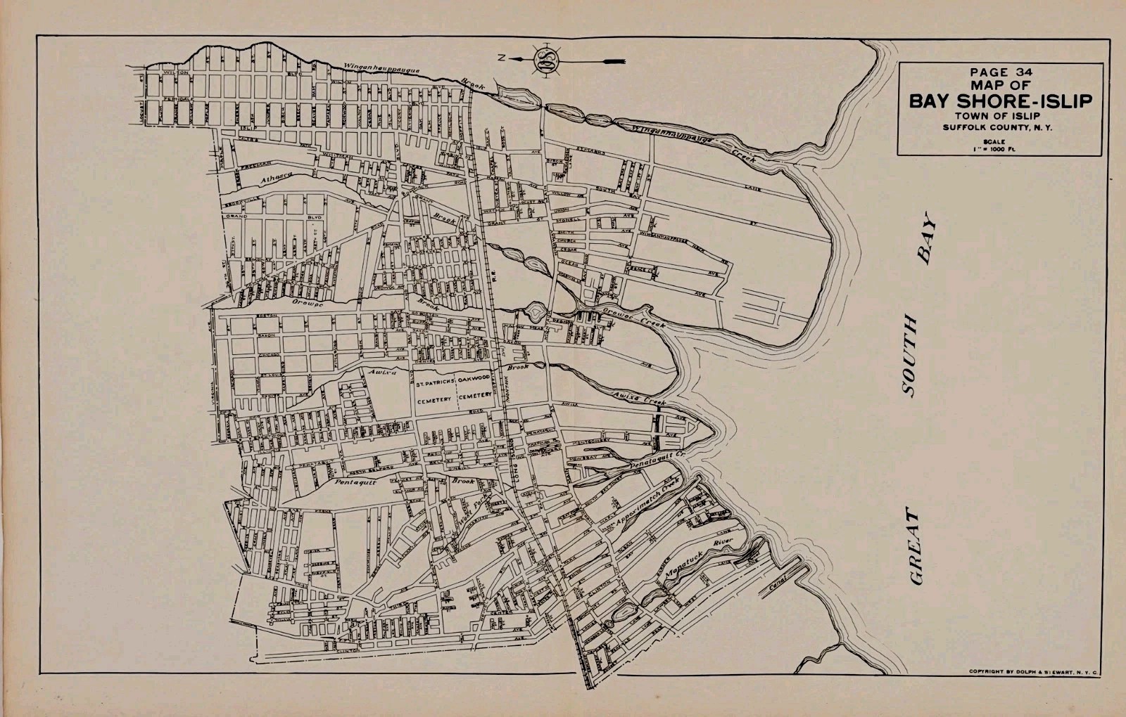 1929 Long Island Bay Shore & Islip Map Suffolk County ANTIQUE ORIGINAL Large