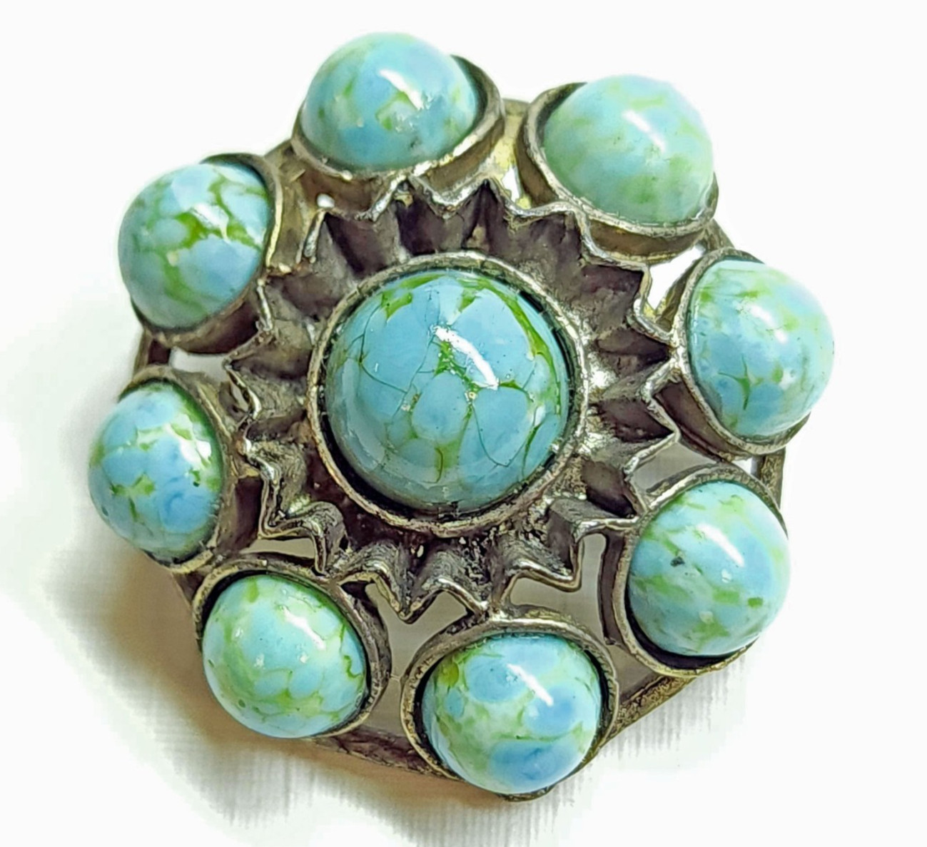 Antique Ethnic Jeweled Silver White Metal Button w/ Veined Turquoise ~ 1-1/8″
