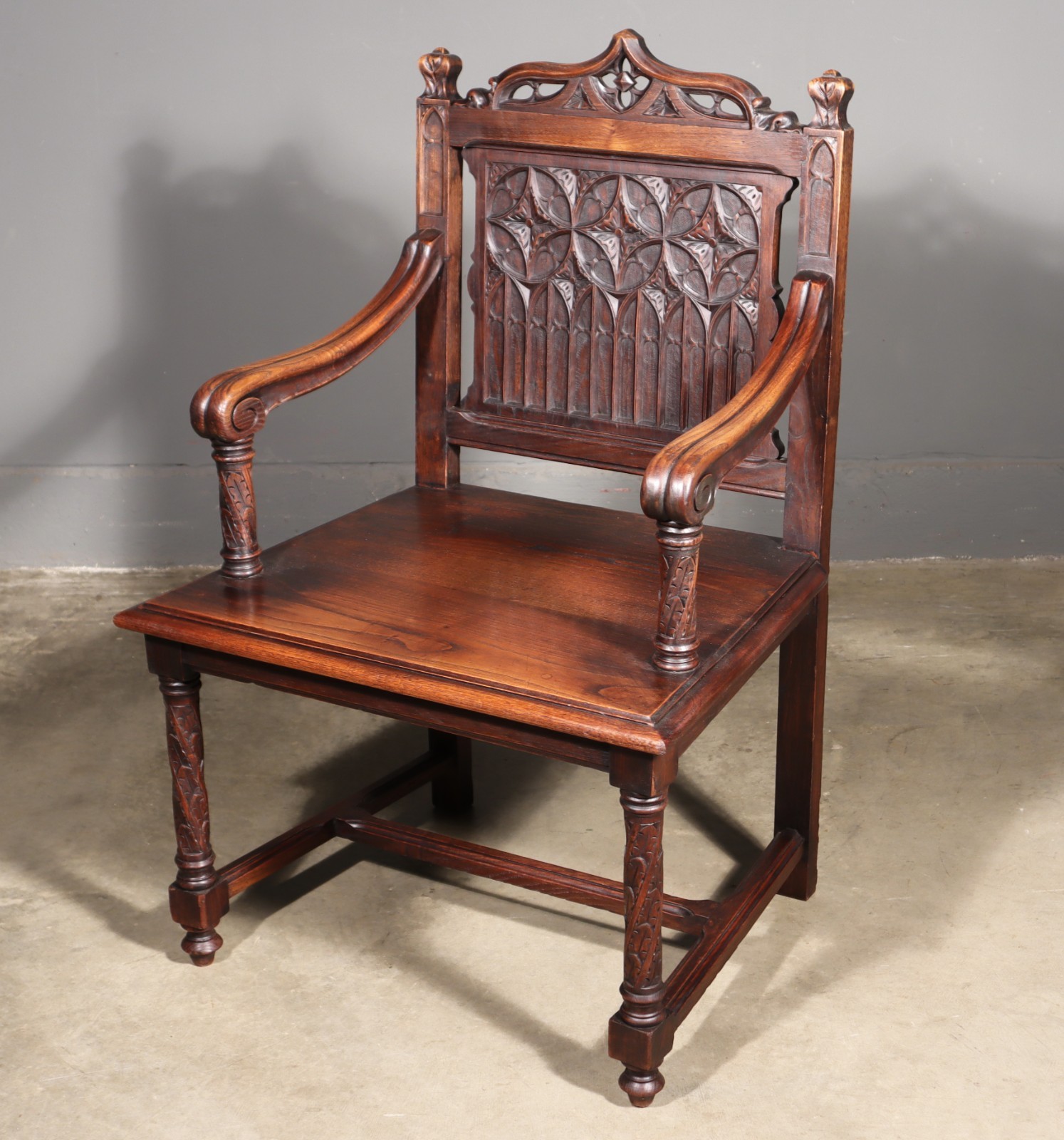 French Antique Gothic Revival Chestnut Arm Chair Carved Wood Desk Chair