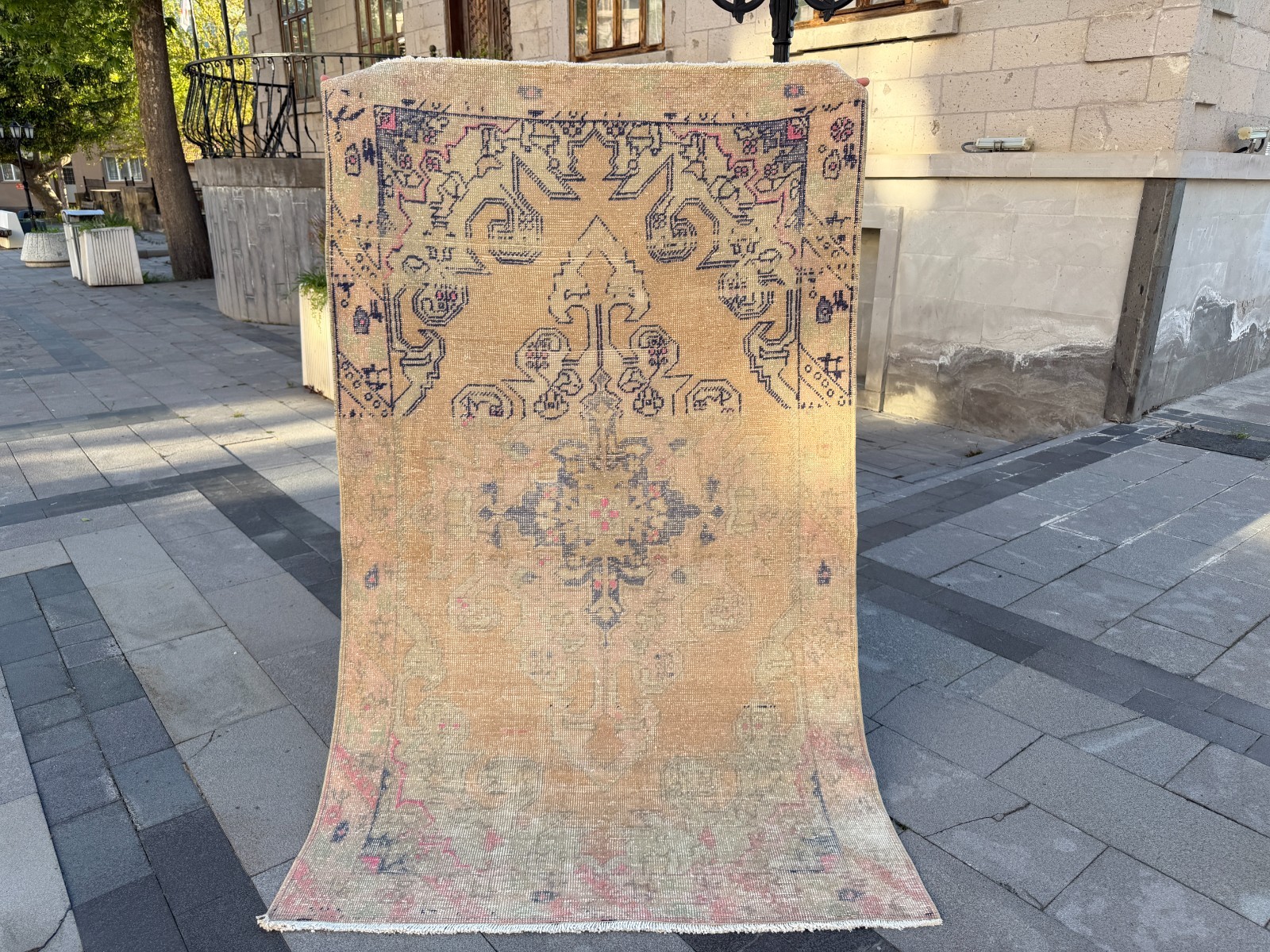 Vintage Turkish Oushak Rug 4.3×7 ft Muted Beige Wool Area Rug