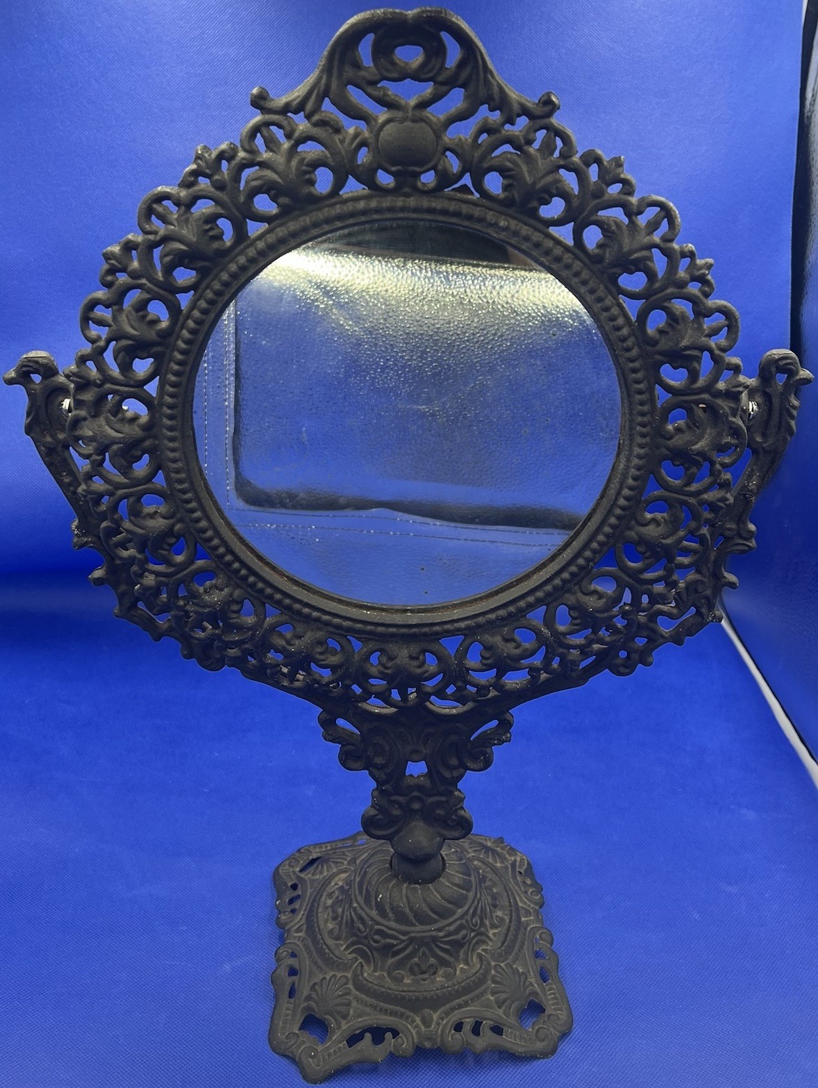 VTG MCM Free Standing Cast Faux Iron Mirror w/Tilt Base 18”x 13” Japan **Read
