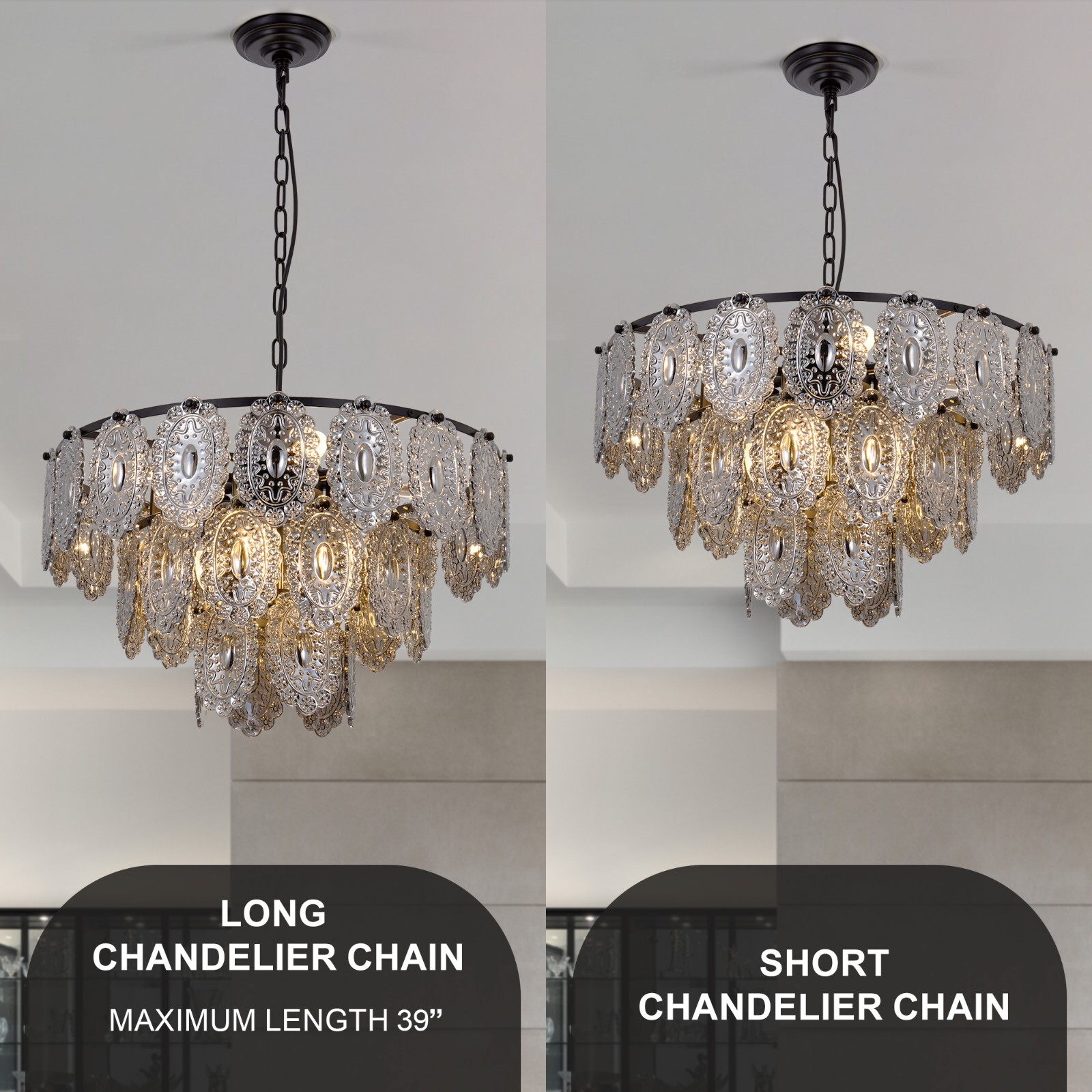 23.6″ Vintage Glass Shield Chandeliers 8-Light 3-Layer Gray Crystal Pendant Lamp