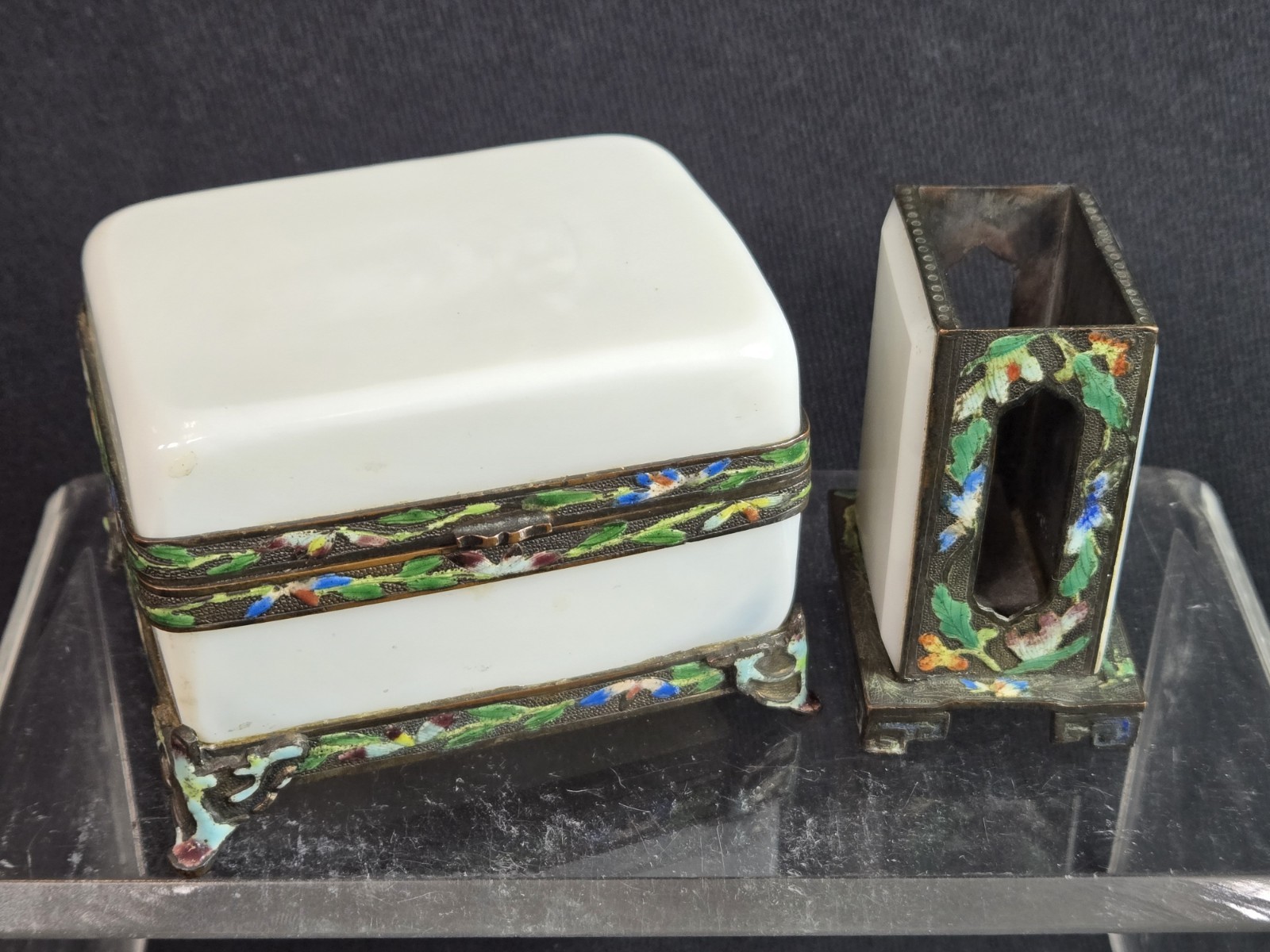 Antique Chinese Champleve Brass Opaline Peking Glass Trinket Box & Match Holder