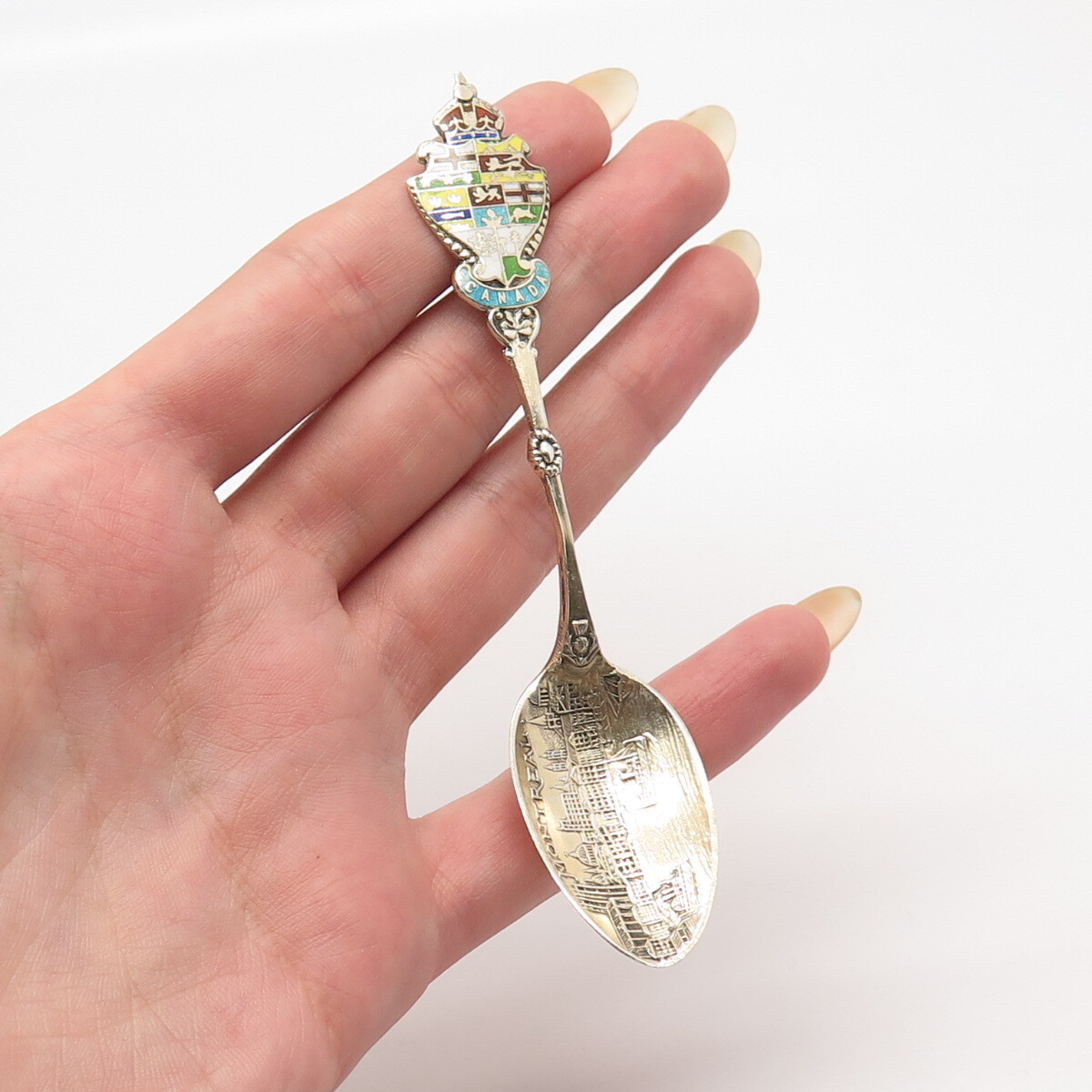 925 Sterling Silver Antique Canada Roden Bros. Colorful Enamel “Montreal” Spoon