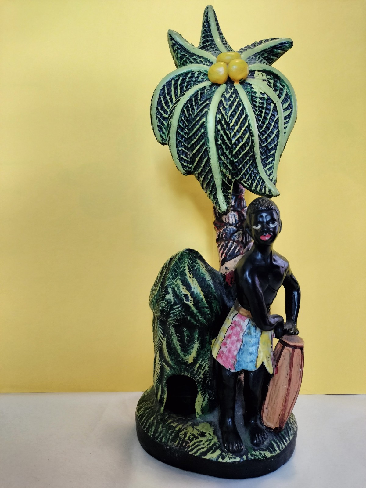 Antique Majolica Barbotine Blackamoor Figurine w/ Drum Palm Tree Incense Burner