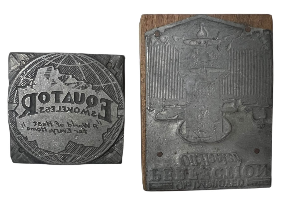 2 Antique/Vintage Printers Advertising Blocks Equator & Perfection Oil Heaters